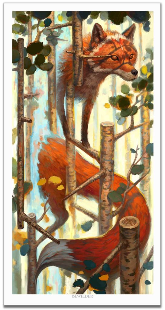 Bewilder is a painting of a fox coming through a portal in a birch tree forest hand painted by Aaron Holley. This link will take you to purchase the Boxwood Membership so you can purchase the limited edition print of it.